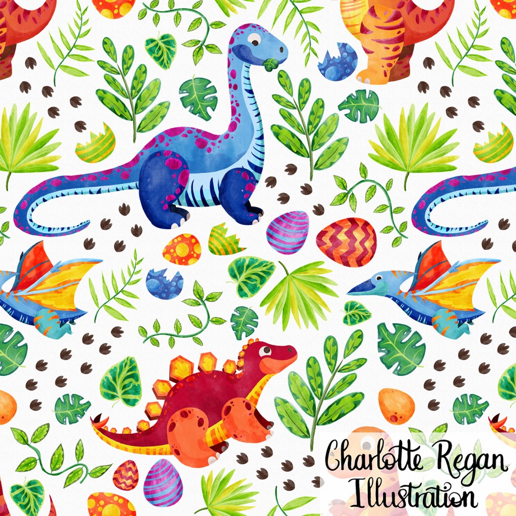 An illustration of colourful dinosaurs and leaves with a logo in the bottom right corner